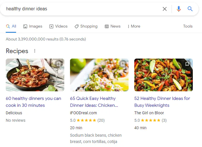 Recipes SERP results screenshot