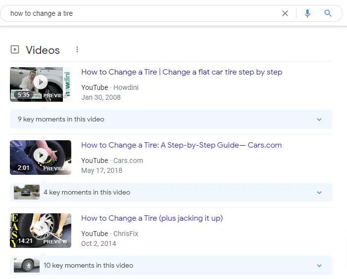 Videos SERP results screenshot